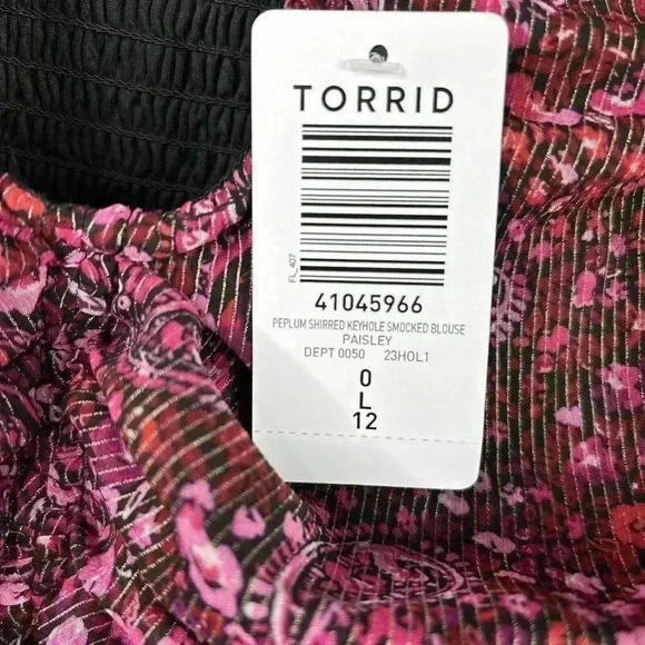 Torrid Top Sz 0 Large Peplum Keyhole Smocked Paisley Purple Pink Long Sleeve NEW - Picture 3 of 10